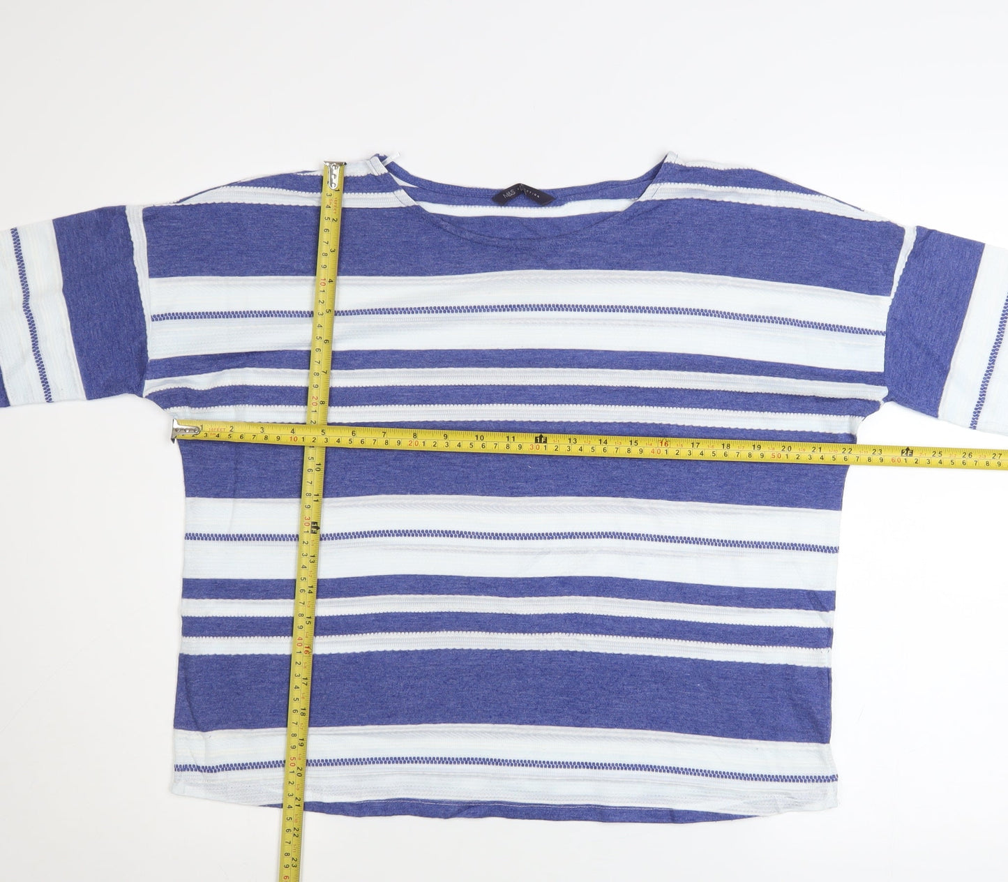 Marks and Spencer Women Blue Striped 3/4 Sleeve Boat Neck T-Shirt Size 16