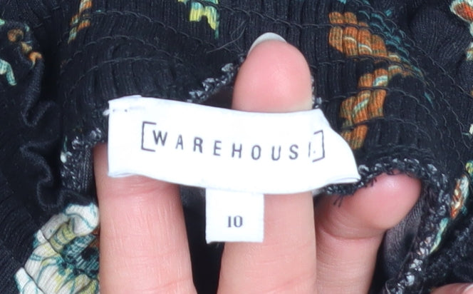 Warehouse Women Black Floral Fit & Flare Midi Dress Size 10