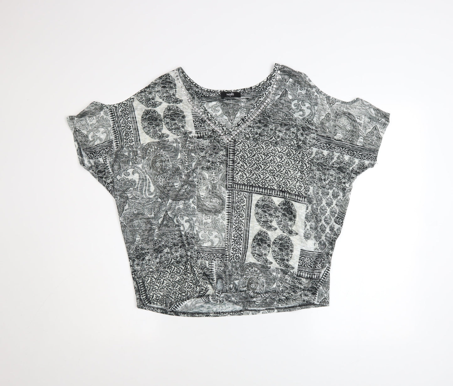 Wallis Womens Grey Paisley V-Neck Tie Hem Short Sleeve Top Size S