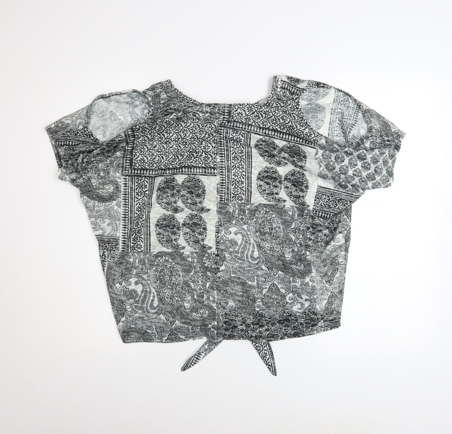 Wallis Womens Grey Paisley V-Neck Tie Hem Short Sleeve Top Size S