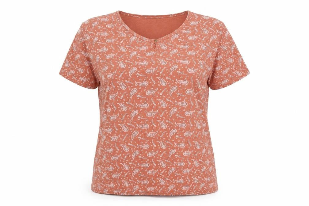 Isle Essentials Women's Orange Paisley Cotton V-Neck T-Shirt Size L