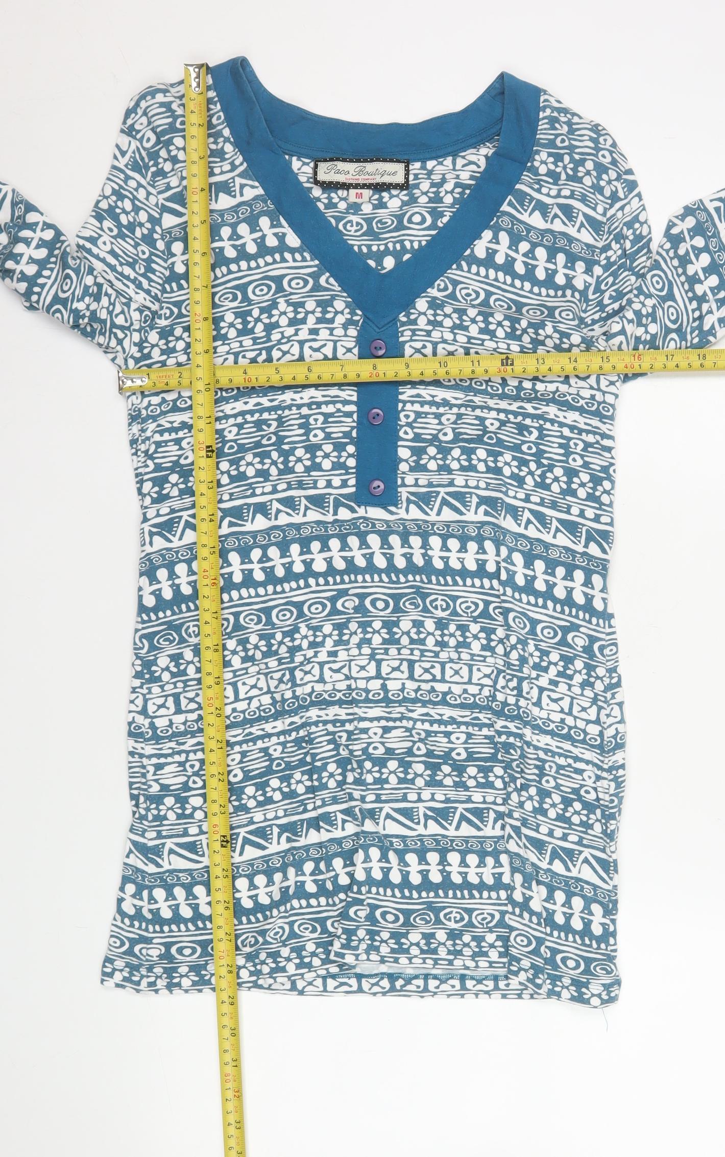 Paco Boutique Women’s Blue Geometric Long Sleeve V-Neck Shirt Dress M