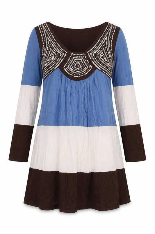 Lilas Womens Blue Beige Brown Beaded Boho Shift Dress Size 2