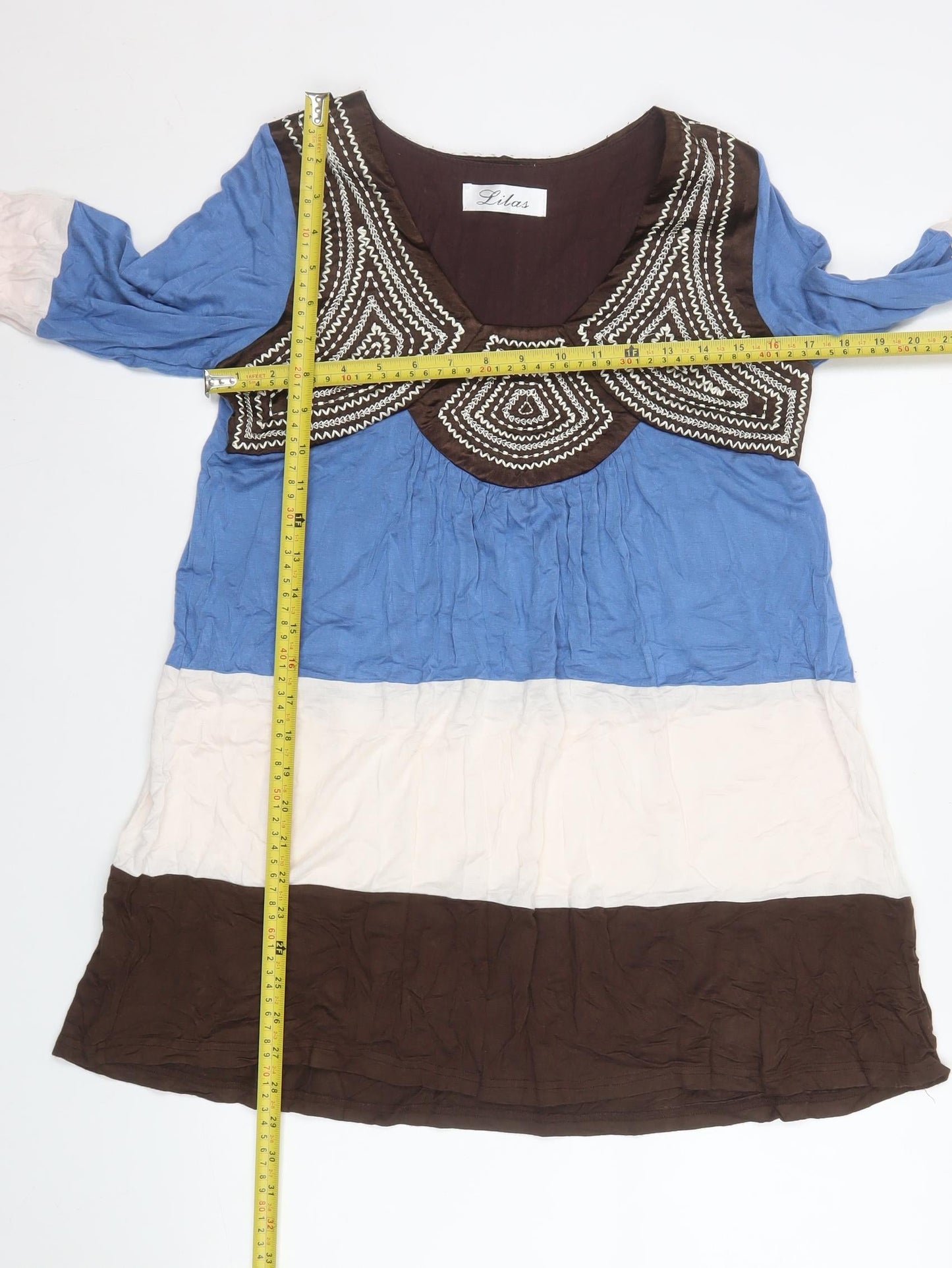 Lilas Womens Blue Beige Brown Beaded Boho Shift Dress Size 2