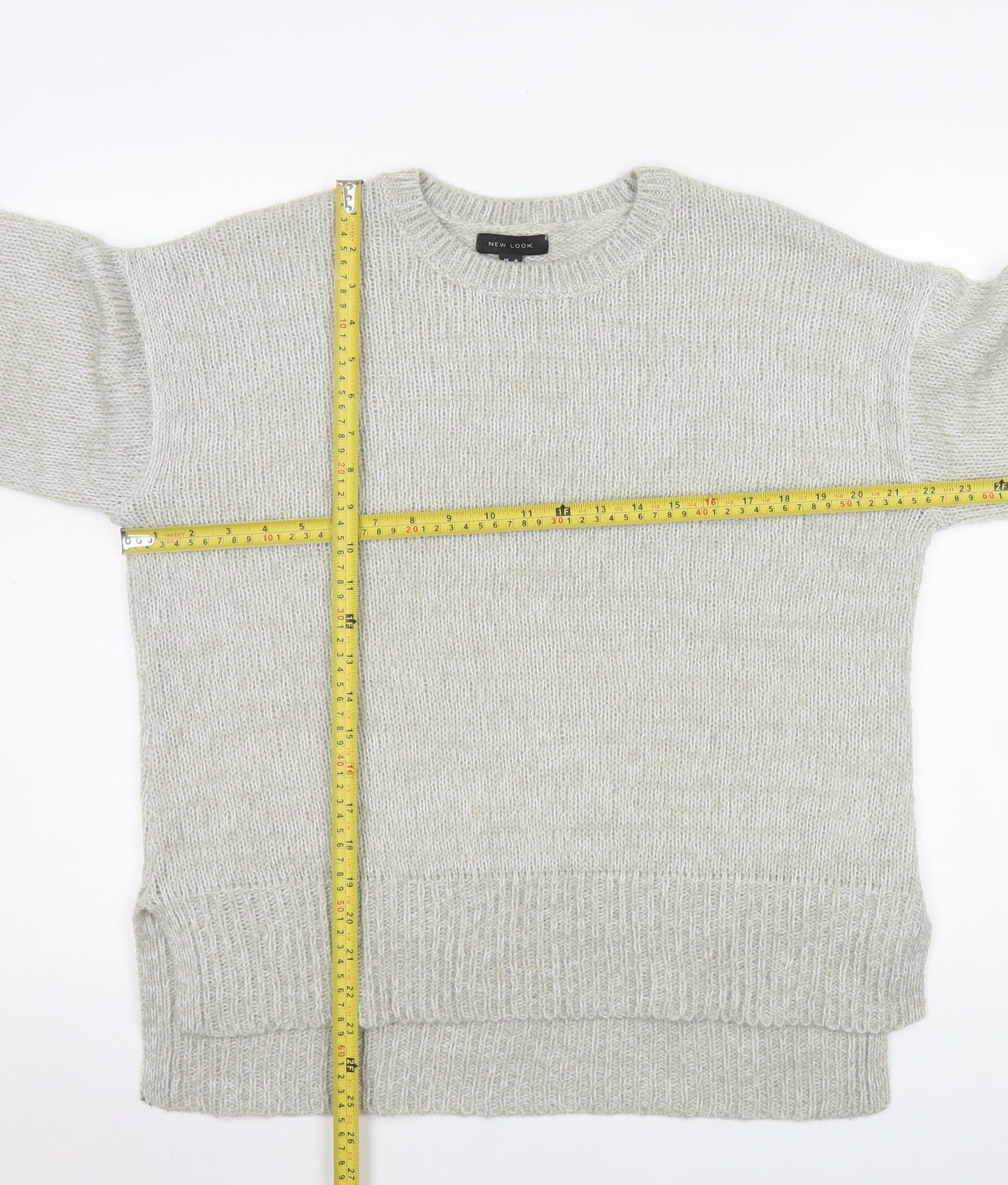 New Look Women's Grey Acrylic Knit Jumper Size M Crew Neck Long Sleeve