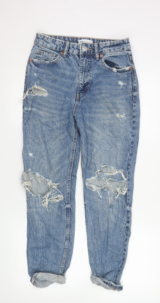 ZARA Women Blue Boyfriend Distressed Mid Rise Jeans Size 8
