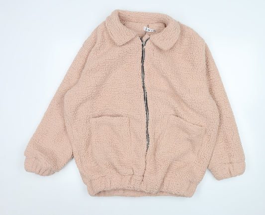 SMYS Womens Beige Fleece Bomber Jacket Size L Casual Zip Front