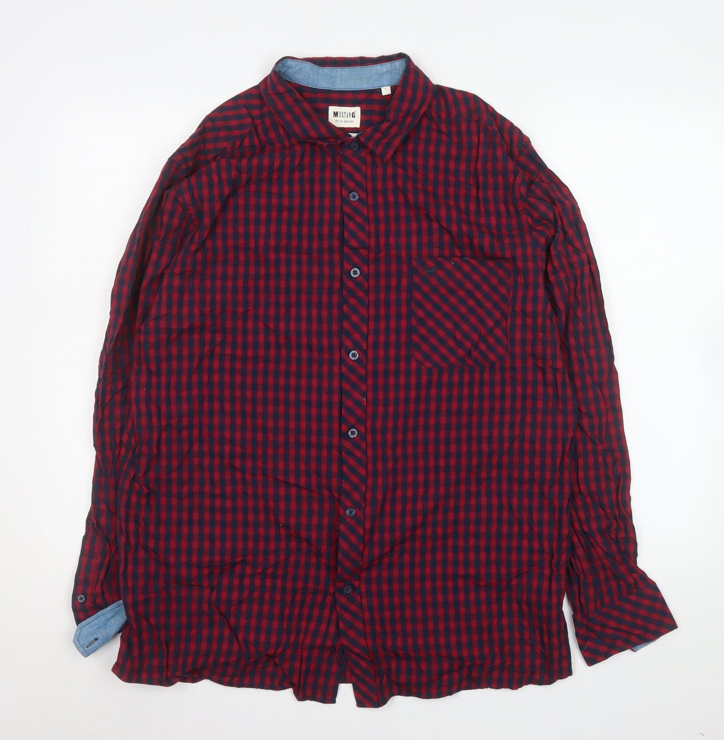 Mustang Men's Red Check Cotton Long Sleeve Button-Up Shirt L