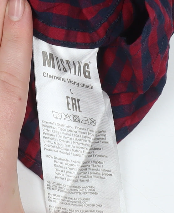 Mustang Men's Red Check Cotton Long Sleeve Button-Up Shirt L