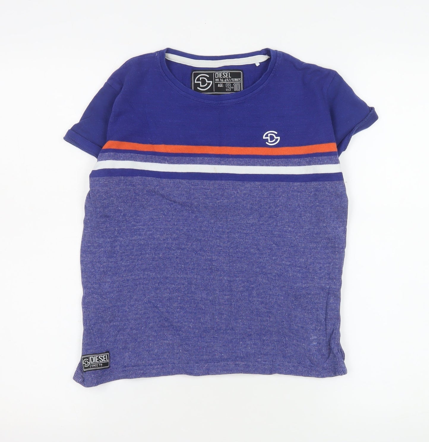 Diesel Boys Blue Striped Cotton T-Shirt Age 9-10 Short Sleeve Casual Top