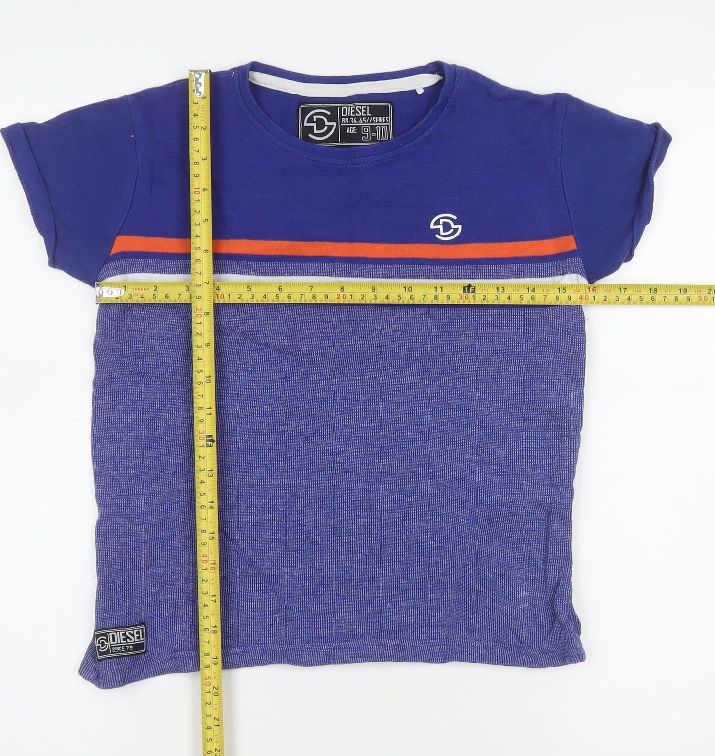 Diesel Boys Blue Striped Cotton T-Shirt Age 9-10 Short Sleeve Casual Top