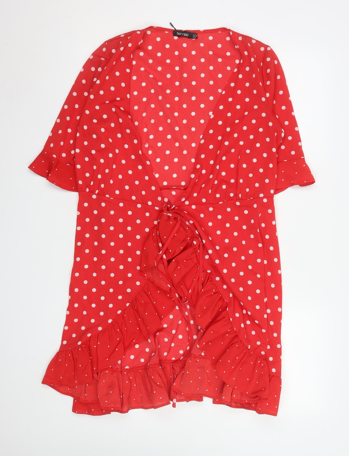 Boohoo Women Red Polka Dot Wrap Dress Size 10 Ruffle Short 3/4 Sleeve