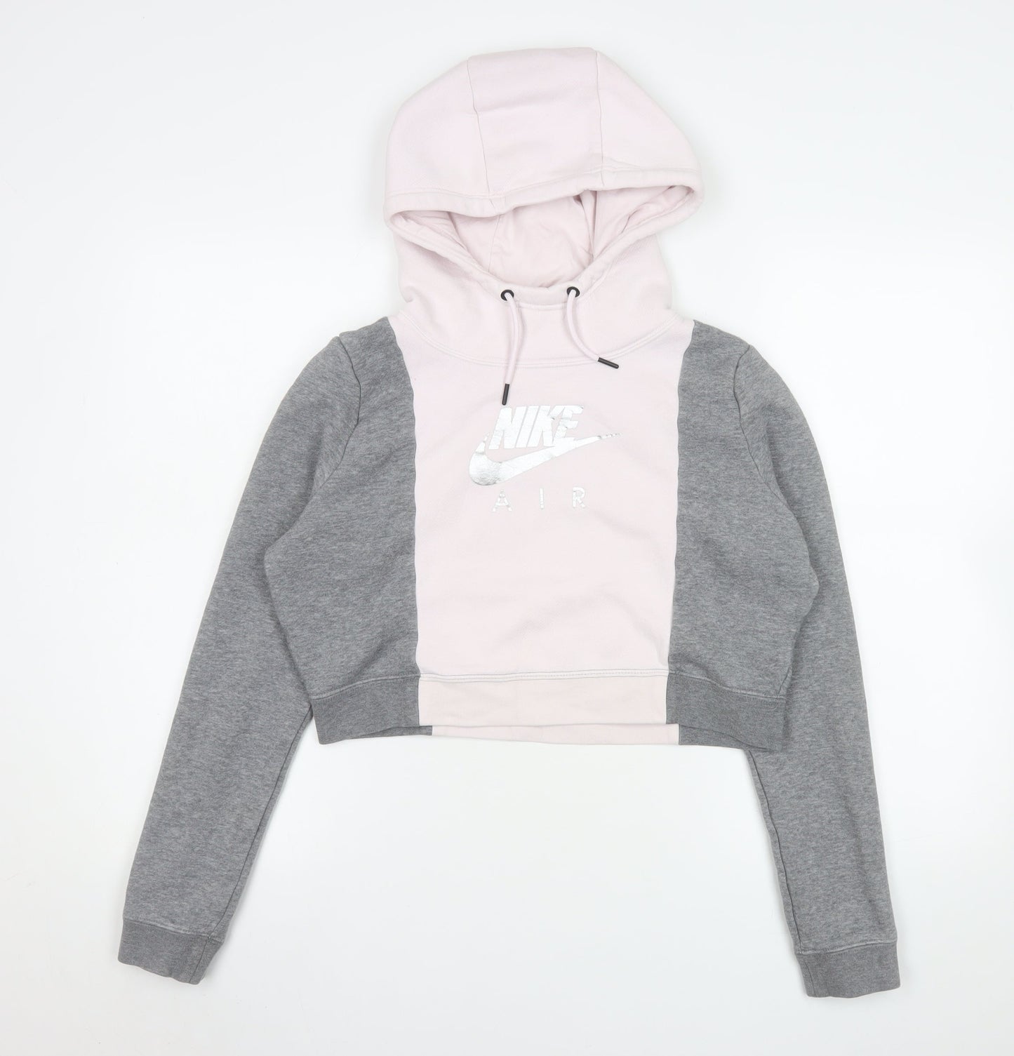 Nike Women’s Pink and Grey Cropped Hoodie Medium Cotton Blend