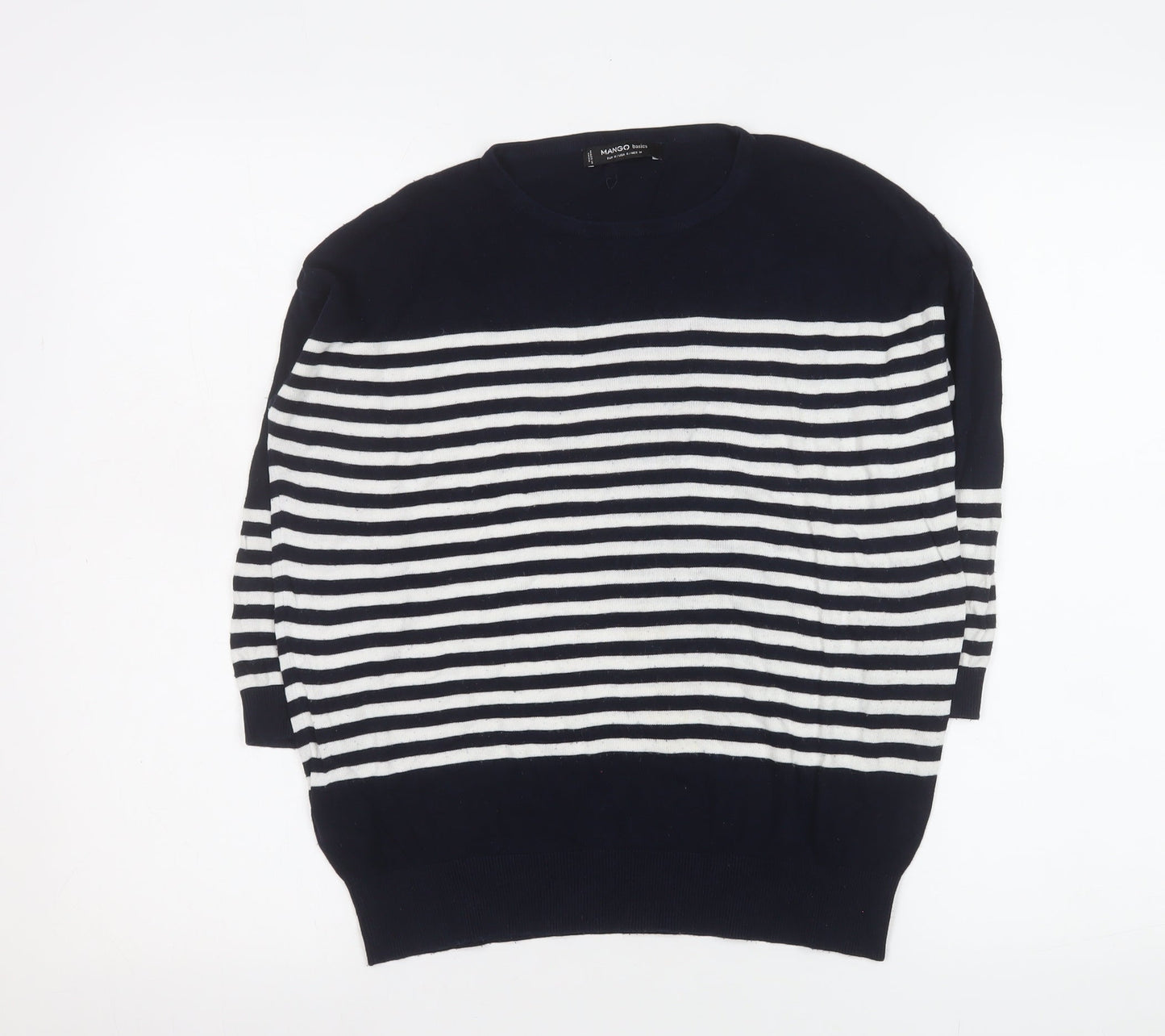 Mango Women’s Navy and White Striped Relaxed Fit Pullover Jumper Size 12