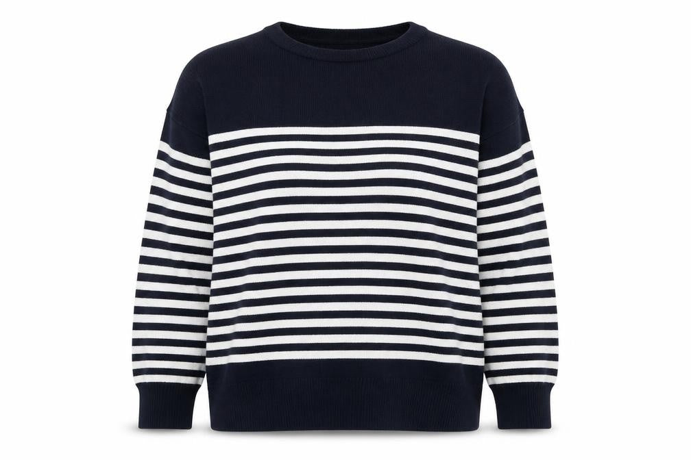 Mango Women’s Navy and White Striped Relaxed Fit Pullover Jumper Size 12