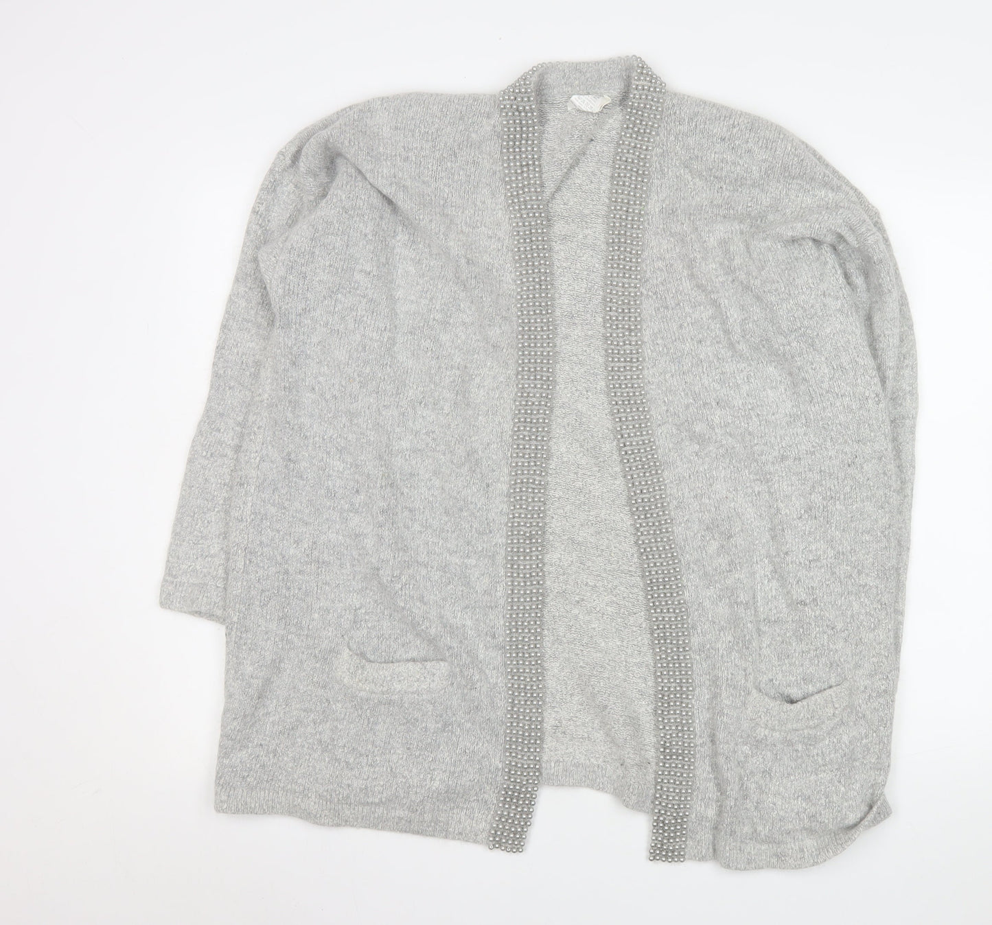 Classics & Co Women’s Grey Beaded Long Silk Blend Knit Coatigan Size 14/16