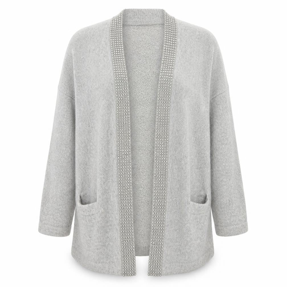 Classics & Co Women’s Grey Beaded Long Silk Blend Knit Coatigan Size 14/16