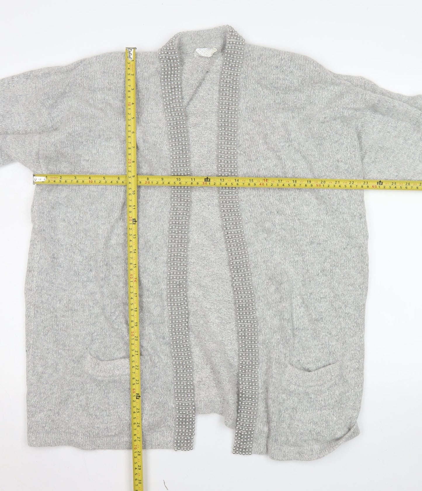 Classics & Co Women’s Grey Beaded Long Silk Blend Knit Coatigan Size 14/16