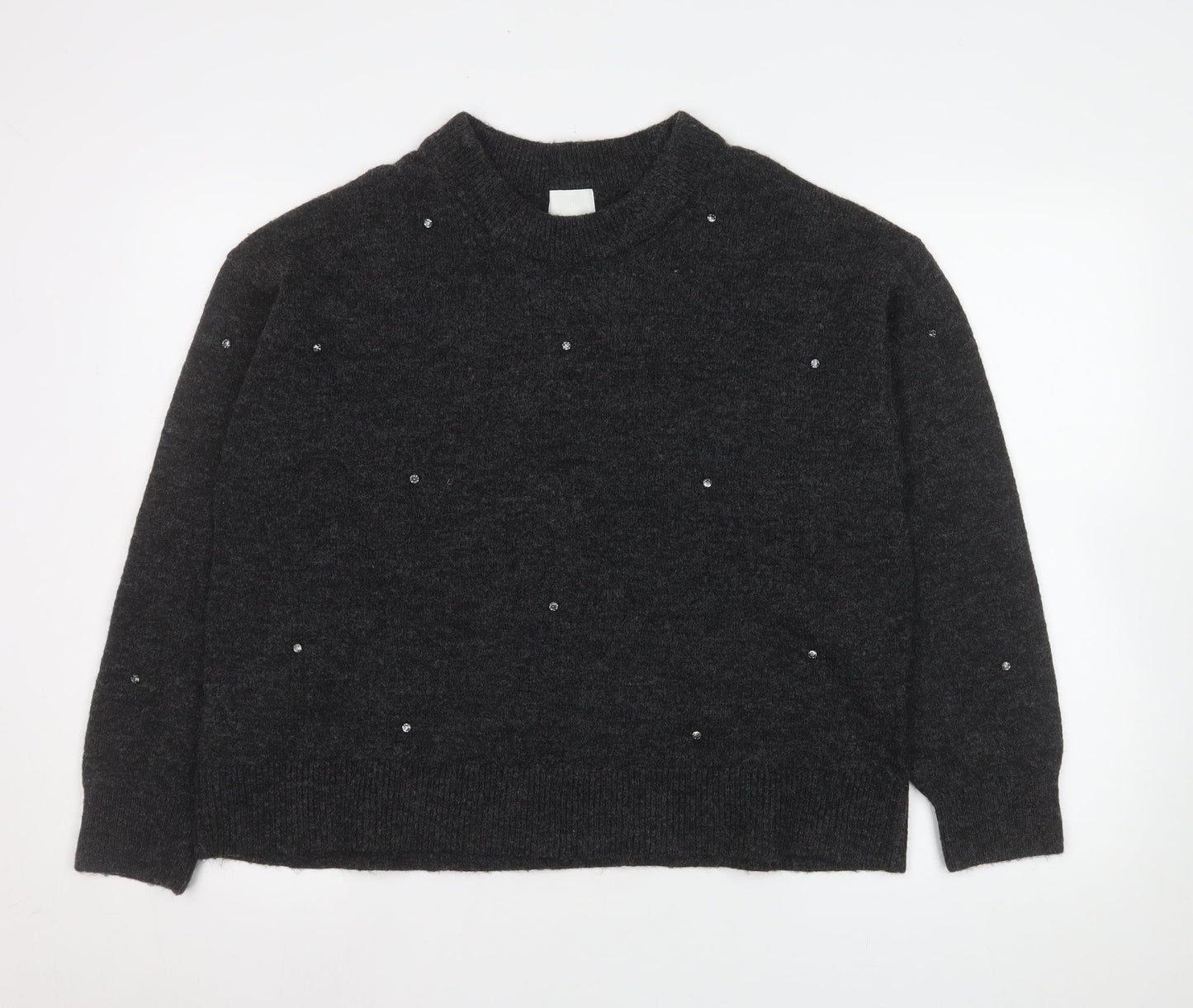 H&M Womens Grey Beaded Crew Neck Knit Jumper Size 12