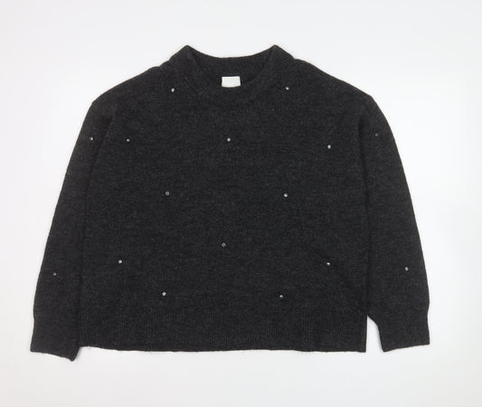 H&M Womens Grey Beaded Crew Neck Knit Jumper Size 12