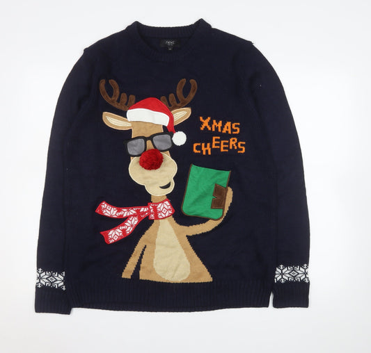 Next Men Blue Christmas Reindeer Jumper M Pullover Funny Knit