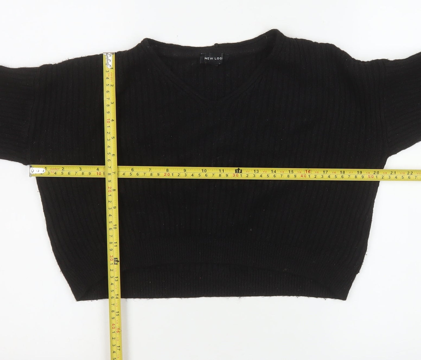 New Look Women’s Black V-Neck Ribbed Knit Pullover Jumper Size S