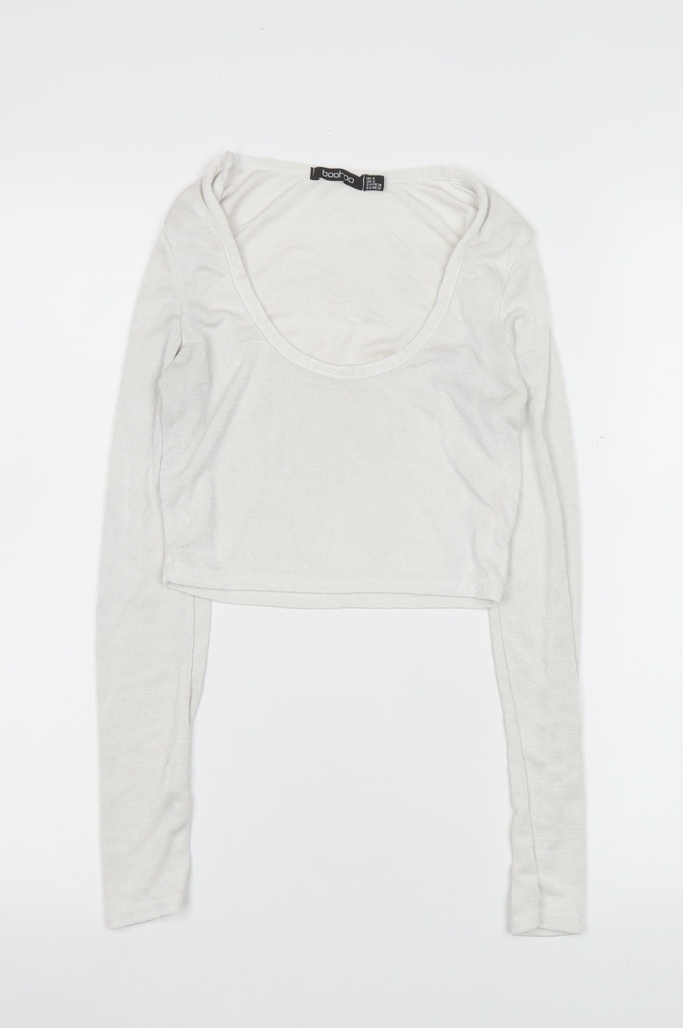 Boohoo Womens White Cropped Long Sleeve Scoop Neck Top Size 6