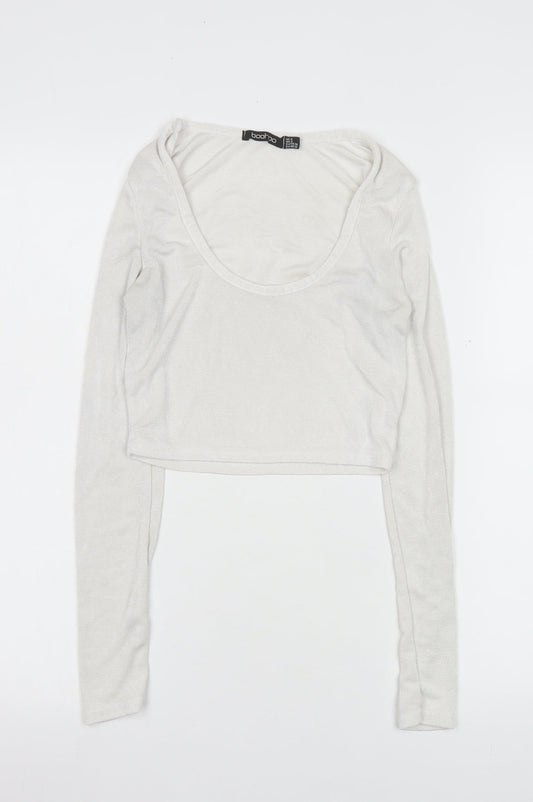 Boohoo Womens White Cropped Long Sleeve Scoop Neck Top Size 6