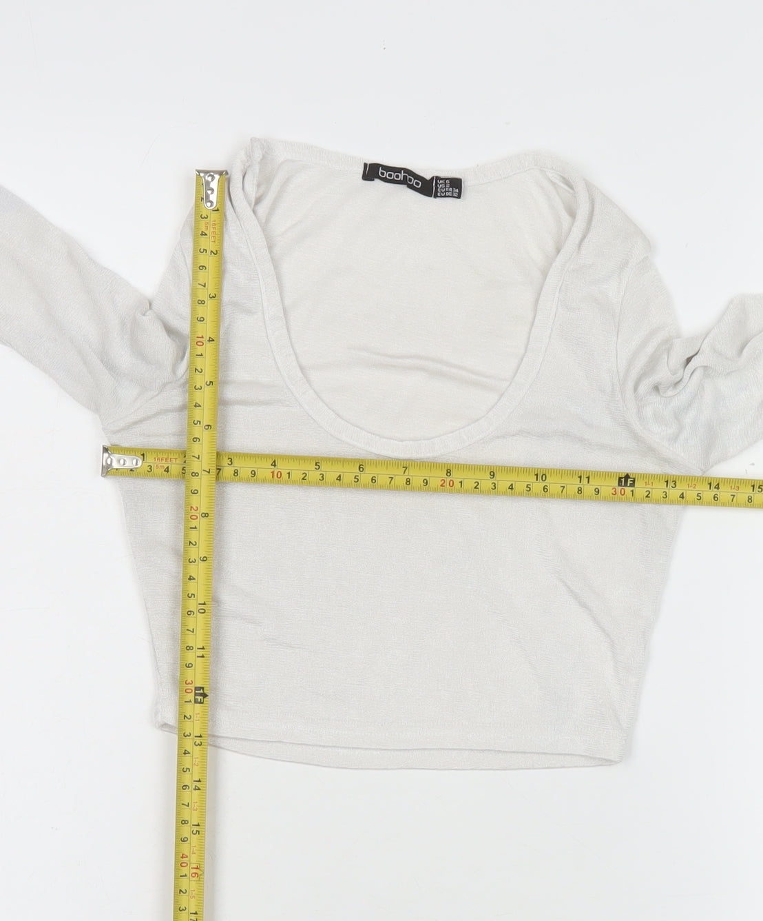 Boohoo Womens White Cropped Long Sleeve Scoop Neck Top Size 6