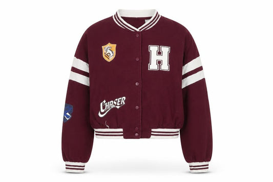 Front view of H&M girls’ burgundy harry potter varsity jacket 11-12 years cotton blend