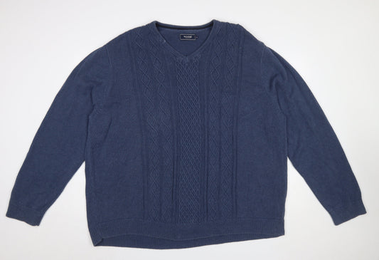 Maine New England Men's Blue XL Cable-Knit Cotton V-Neck Jumper
