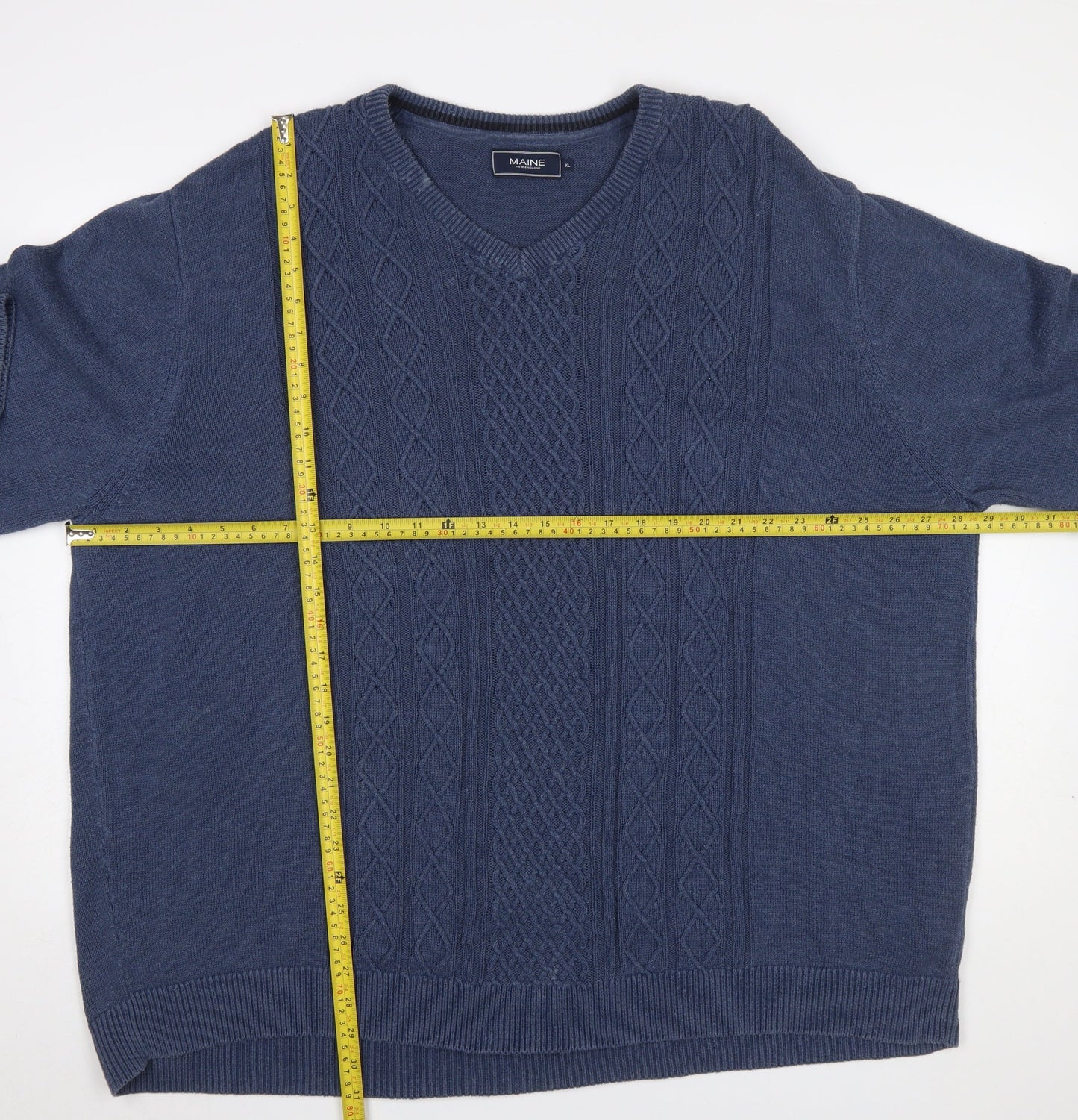 Maine New England Men's Blue XL Cable-Knit Cotton V-Neck Jumper
