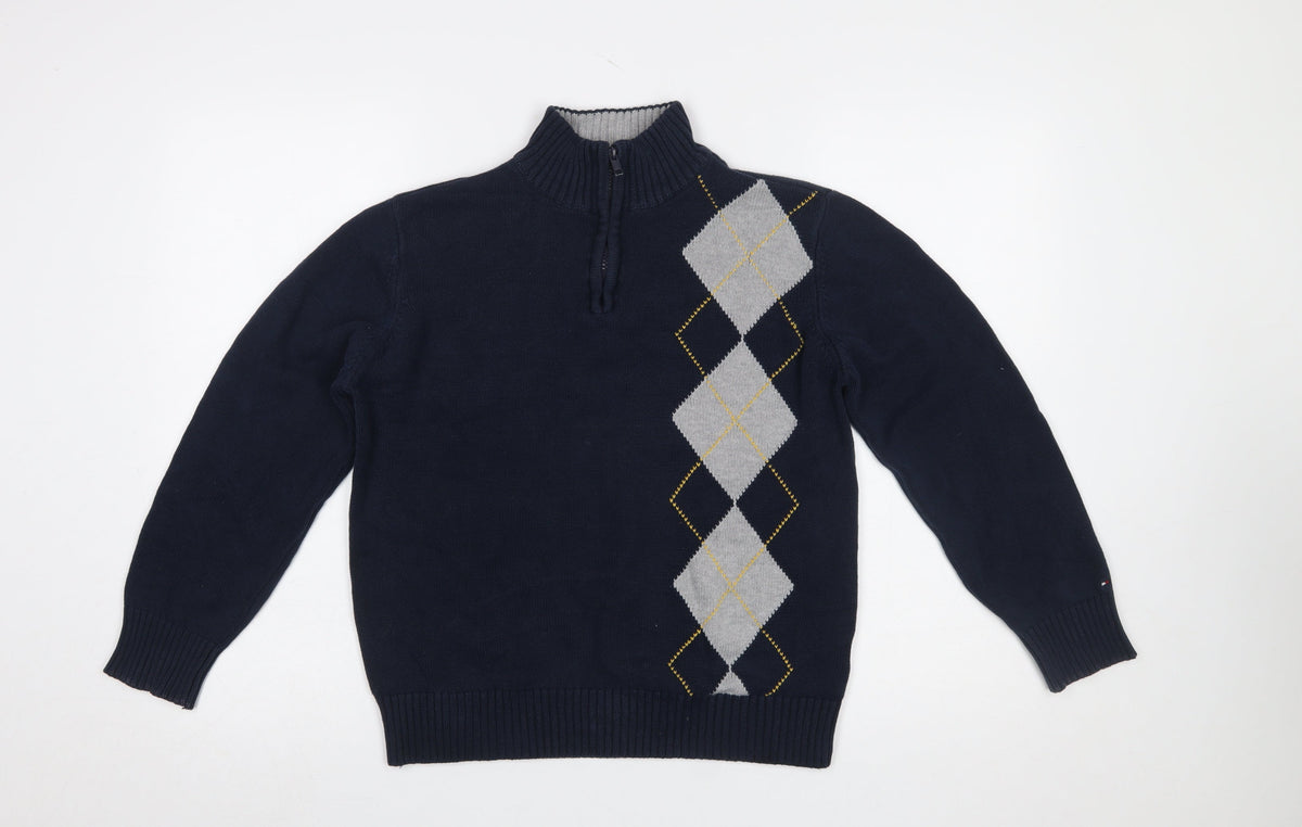 Tommy Hilfiger Boys Navy Argyle 1/2 Zip Cotton Jumper Size 16-18 L