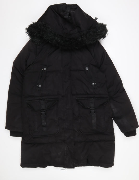 Steve Madden Women’s Black Fur Trim Hooded Long Parka Coat Size M