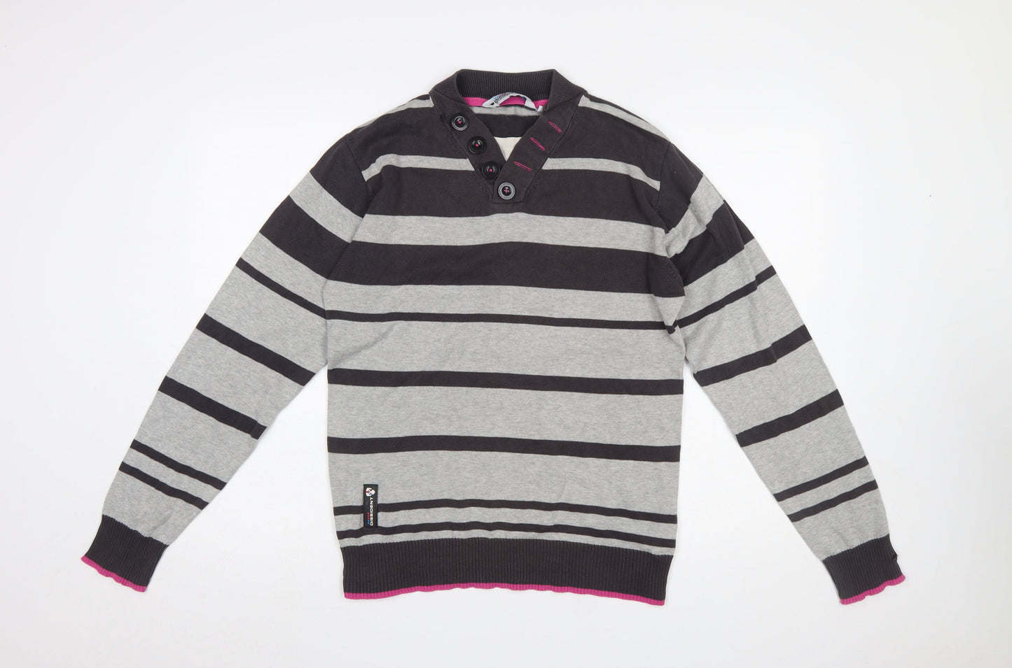 Dissident Men's Grey Striped Henley Jumper Size S Cotton Knit