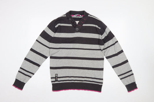Dissident Men's Grey Striped Henley Jumper Size S Cotton Knit