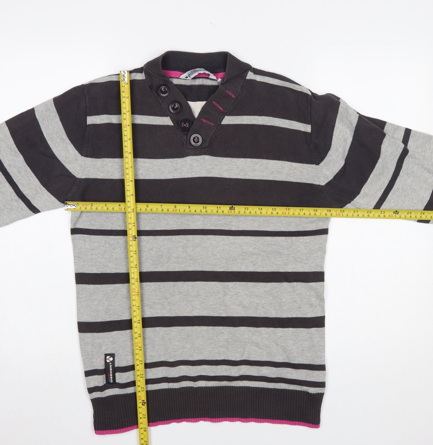 Dissident Men's Grey Striped Henley Jumper Size S Cotton Knit