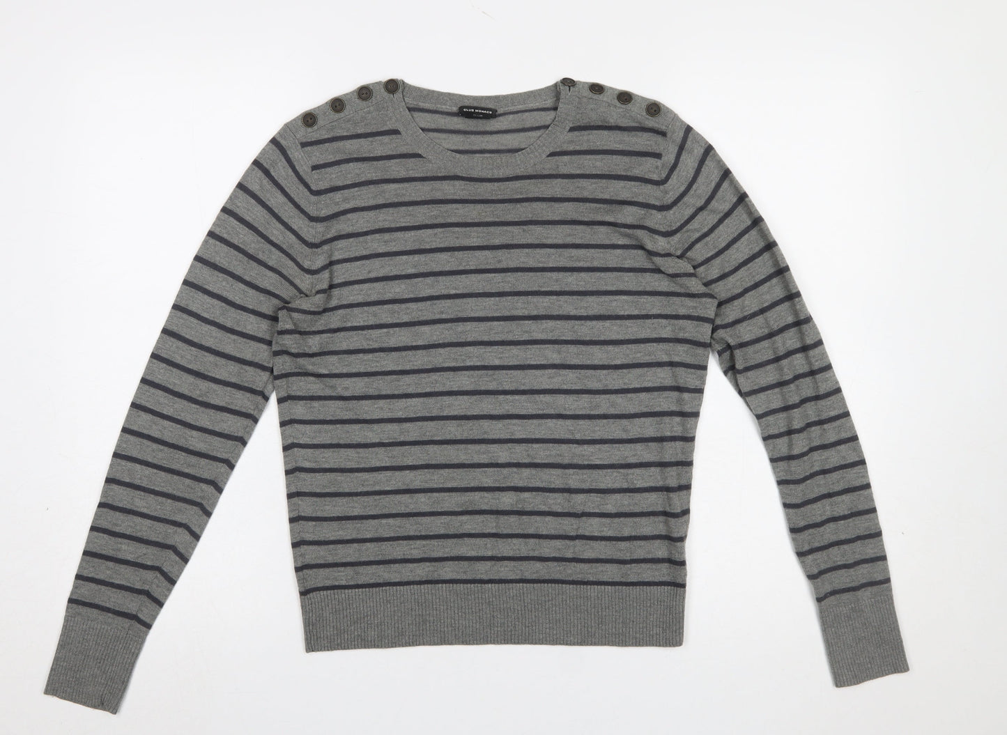 Club Monaco Women Grey Striped Button Shoulder Jumper Size L