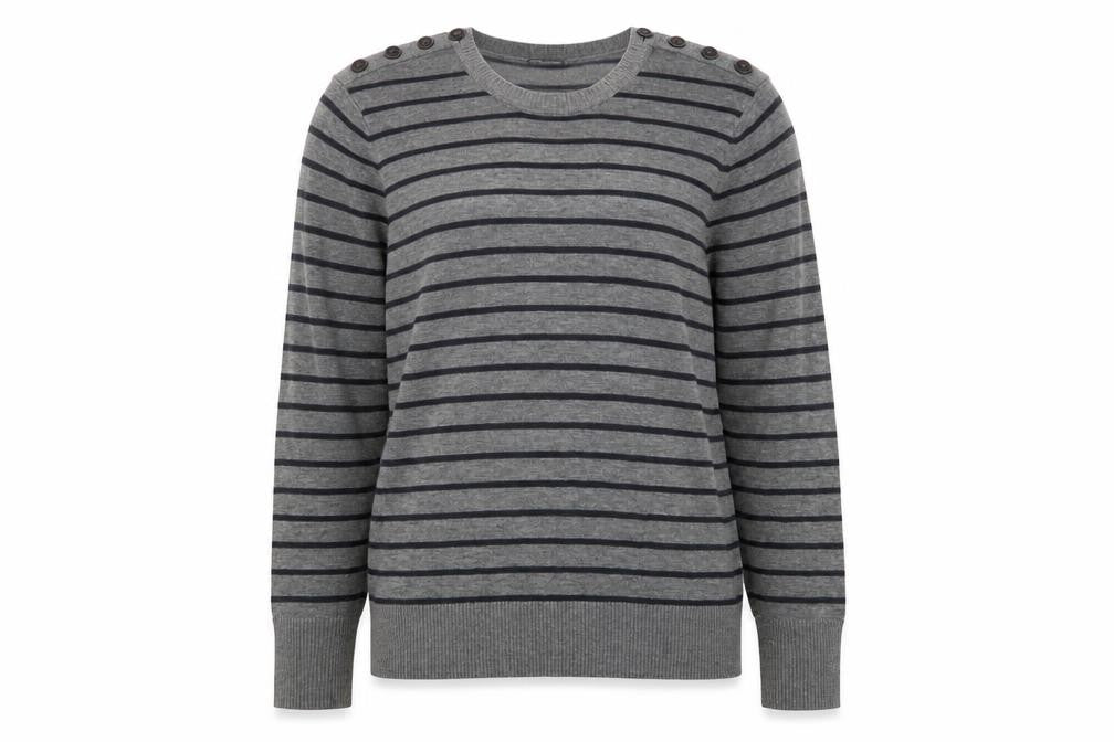Club Monaco Women Grey Striped Button Shoulder Jumper Size L