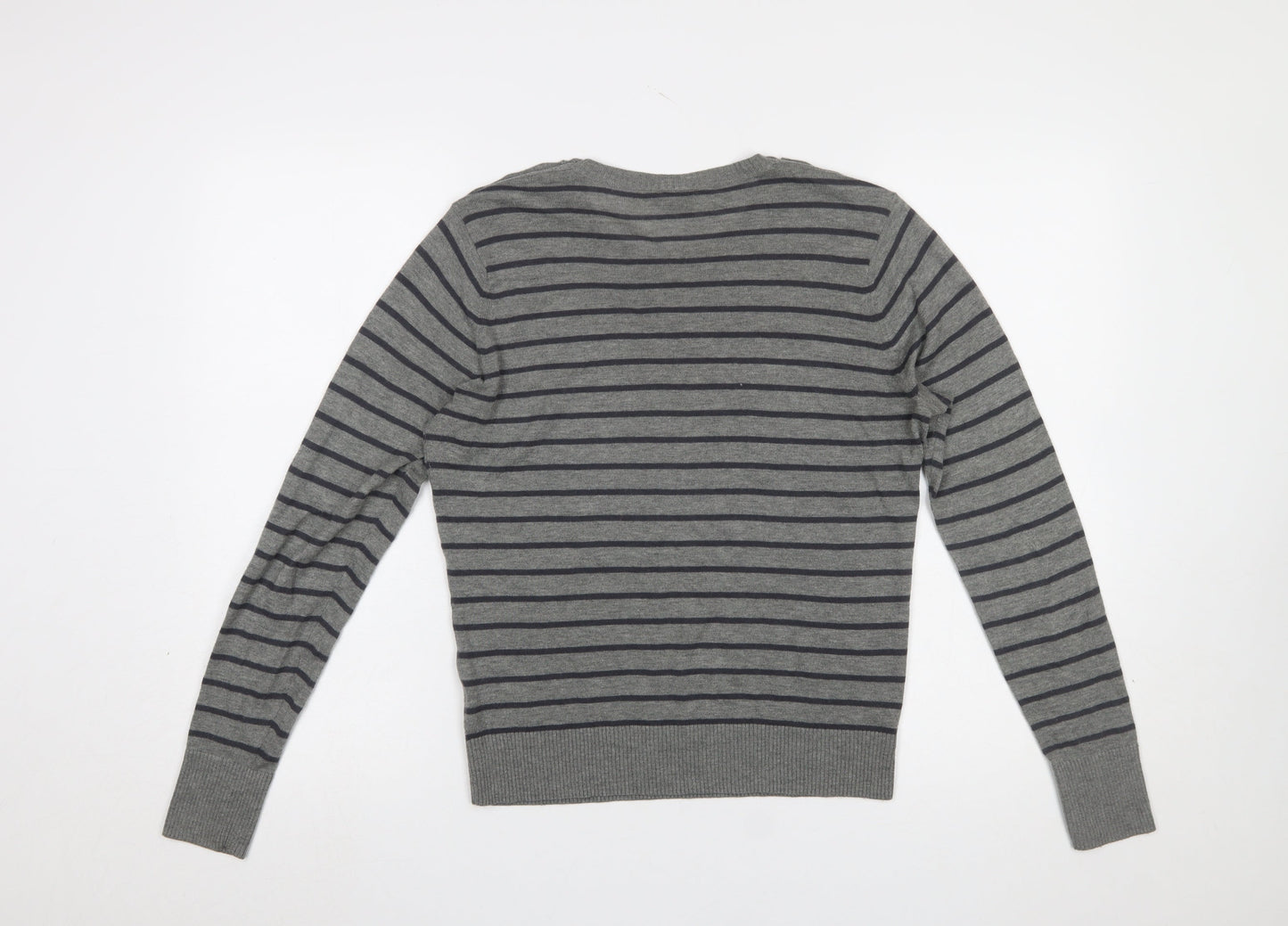 Club Monaco Women Grey Striped Button Shoulder Jumper Size L