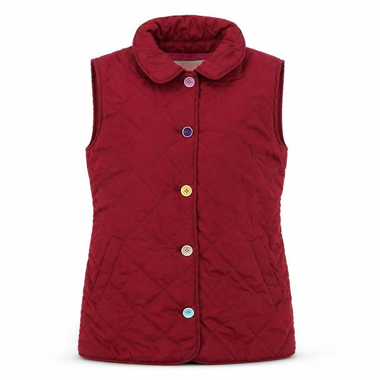 Front view of Joules girls’ red quilted waistcoat 9-10 years sleeveless button up gilet
