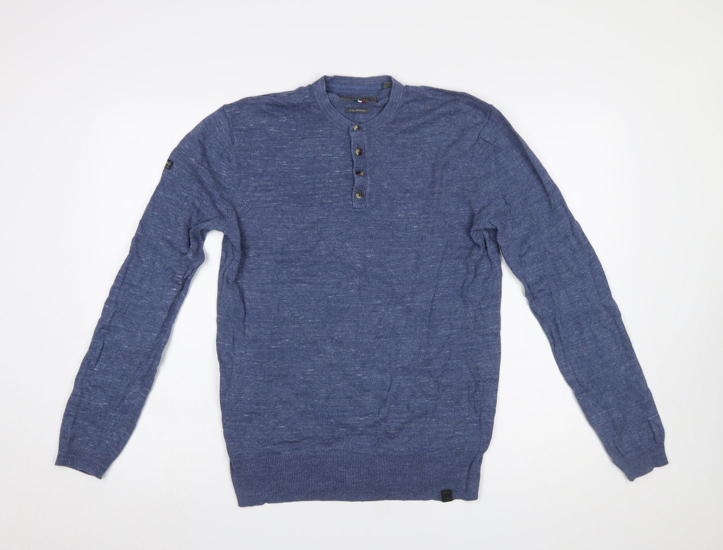 Superdry Men Blue Henley Knit Jumper Medium Lightweight Cotton Linen