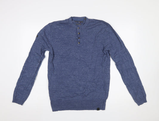 Superdry Men Blue Henley Knit Jumper Medium Lightweight Cotton Linen