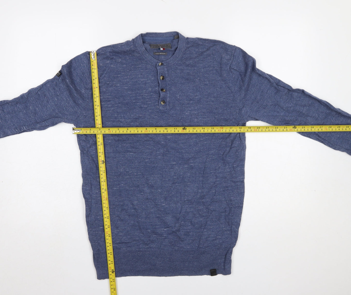 Superdry Men Blue Henley Knit Jumper Medium Lightweight Cotton Linen