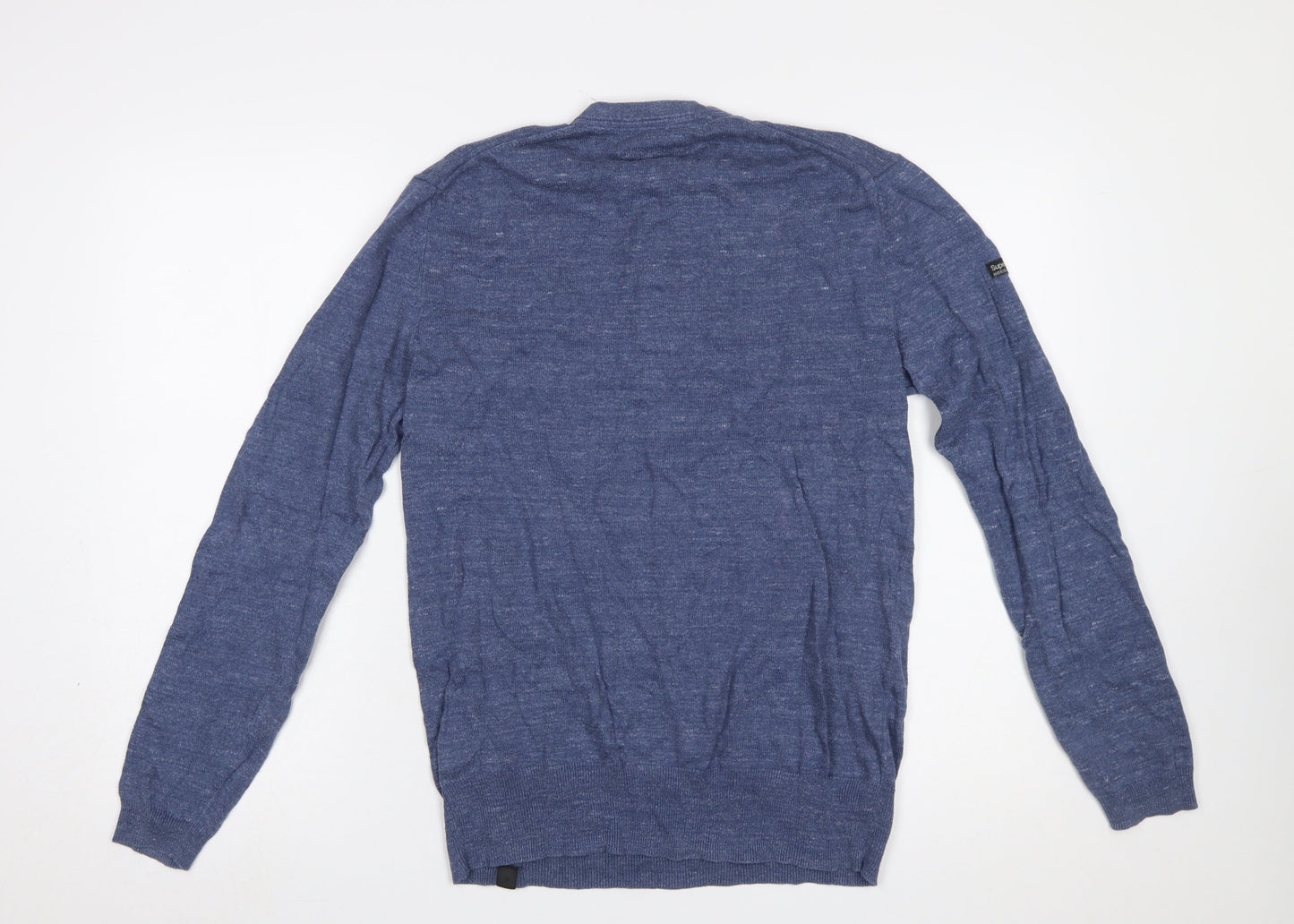 Superdry Men Blue Henley Knit Jumper Medium Lightweight Cotton Linen