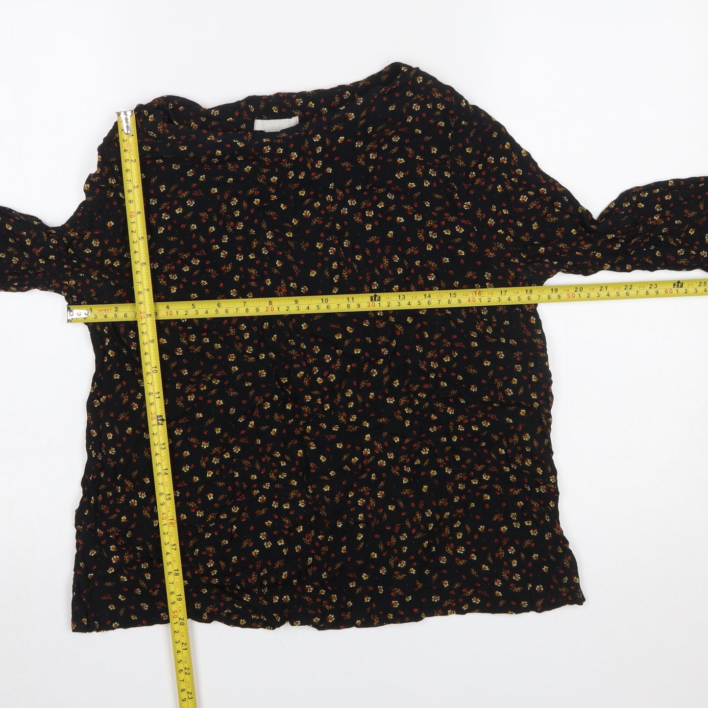 H&M Women’s Black Floral 3/4 Sleeve Viscose Tunic Blouse Size 14