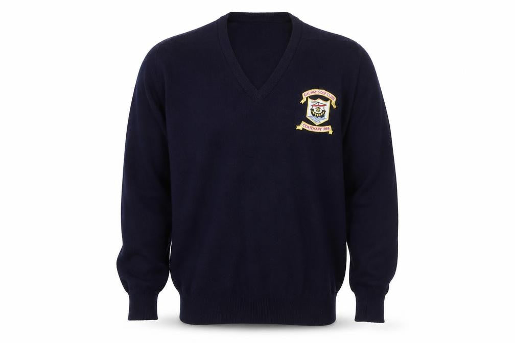 Glenmoor Men’s Navy Blue Wool Golf Pullover Jumper M V-Neck Embroidered