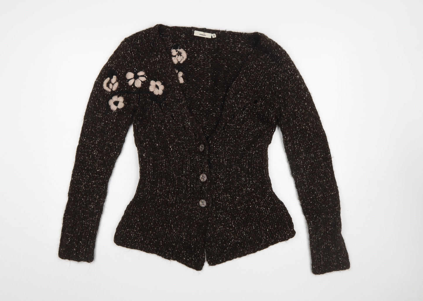Dranella Women's Brown Wool Blend Floral Knit Cardigan Size S