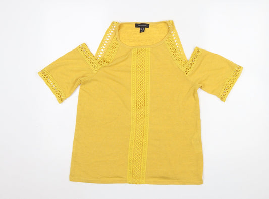 New Look Women Yellow Cold Shoulder Crochet T-Shirt Size 10