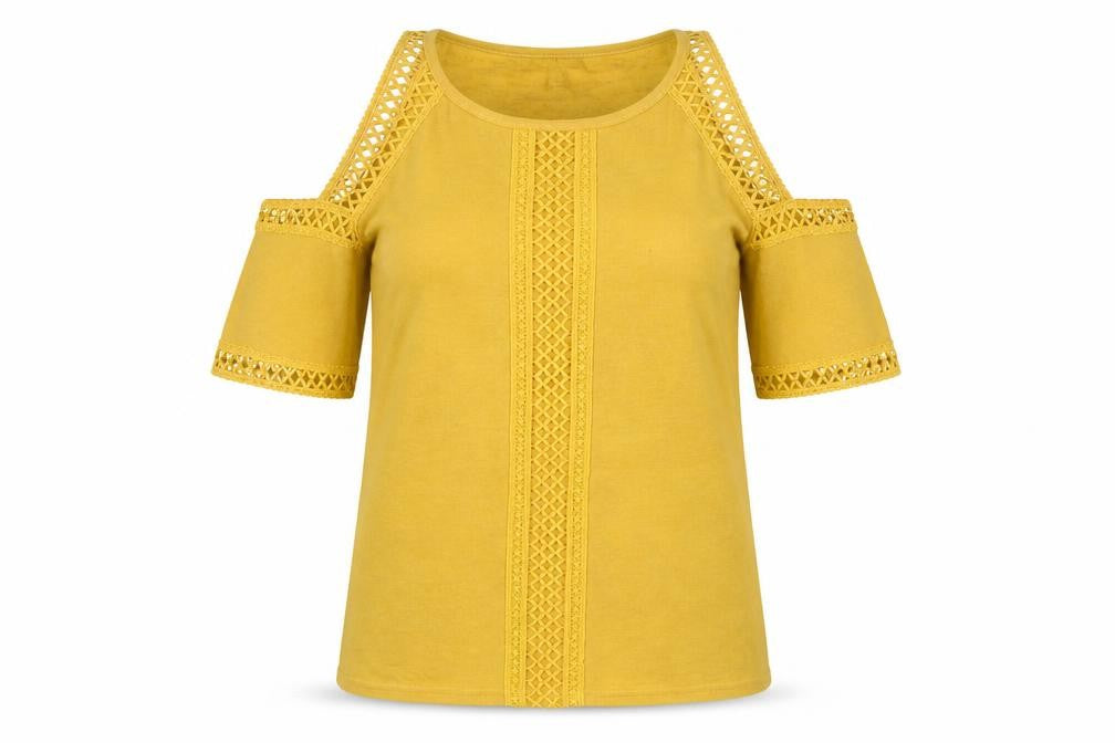 New Look Women Yellow Cold Shoulder Crochet T-Shirt Size 10